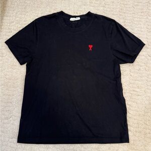 Ami Paris Black Men’s Short-Sleeve T-Shirt with Red Heart Emblem